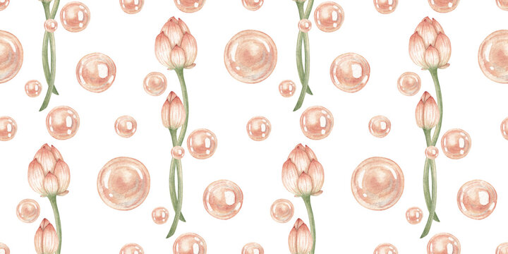 Lotus buds with pearls in a watercolor pattern, isolated from background. Elegant botanical design for fabric, wallpaper, stationery, packaging, jewelry and wedding decor.