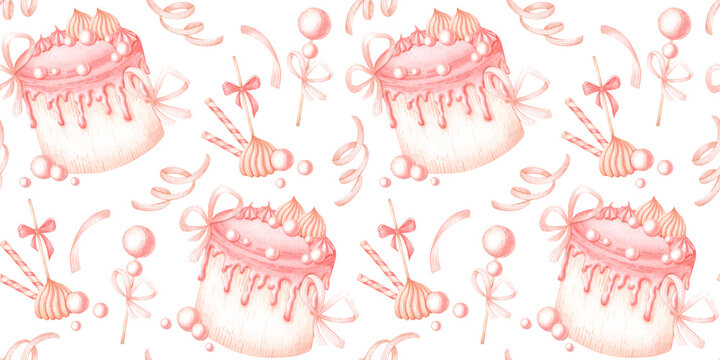 Pink cakes with ribbons, bows, candies and marshmallows, seamless watercolor pattern isolated from background. Sweet dessert design for birthday wrapping paper, party decor, textile prints 