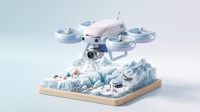 Compact drone hovering over a miniature glacier landscape with