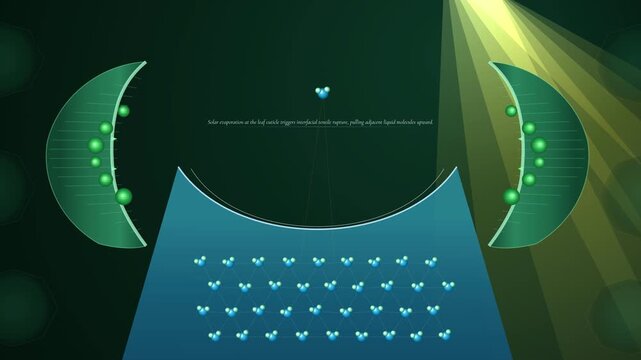 Educational animation illustrating arboreal transpiration pull, demonstrating how solar evaporation, hydrogen cohesion, and negative pressure drive continuous water flow in vascular plants
