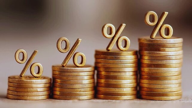 Gold coins stacked with percentage sign symbols representing interest rate, financial growth, savings, investment, and inflation concept
