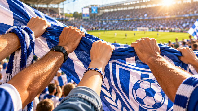 Enthusiastic soccer supporters raising a team scarf and cheering together during a live match in a crowded stadium