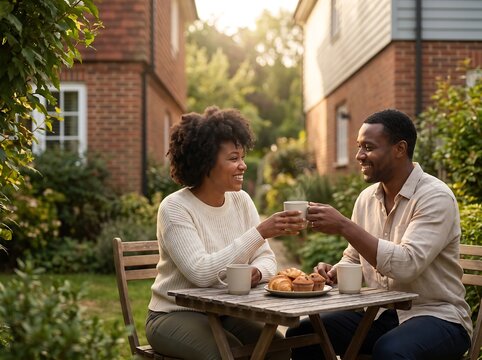 Two adults share a cheerful moment while toasting with mugs at a wooden table in a residential garden affection amity
