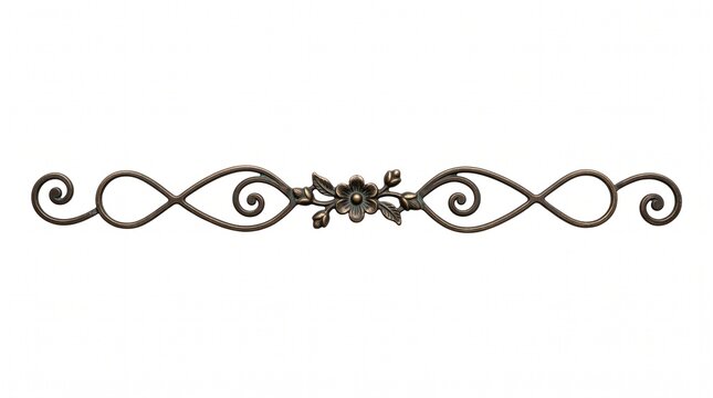 Wrought iron scrollwork border with floral motif. Antique bronze metal divider featuring symmetrical curved tendrils and central flower element. Isolated on white background for architecture