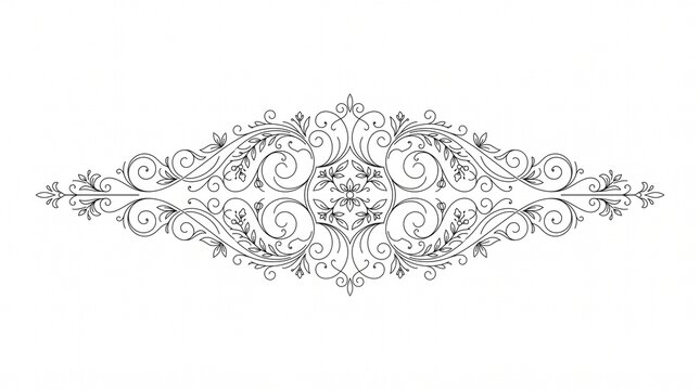 Ornate floral divider and flourish vector illustration. Intricate vintage scrollwork with symmetrical swirls and botanical leaves. Elegant black outline artwork for wedding stationery and certificates