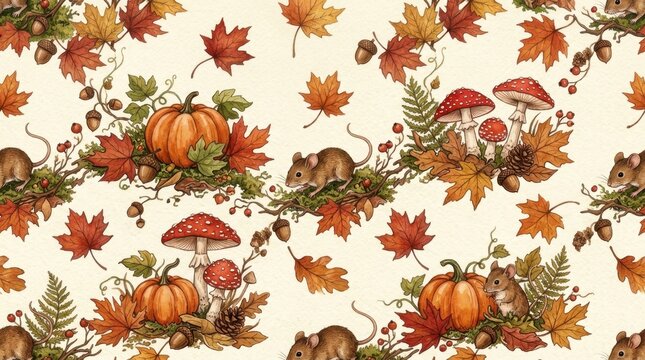 Charming watercolor seamless pattern depicting tiny woodland mice scurrying amongst vibrant orange pumpkins, red spotted mushrooms, and a scattering of colorful autumn leaves, acorns, and berries, evo