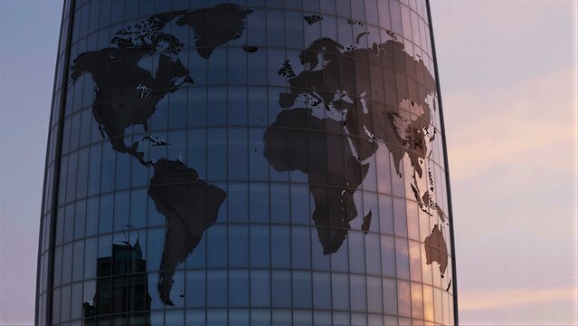 Glass skyscraper reflects world map against twilight sky.