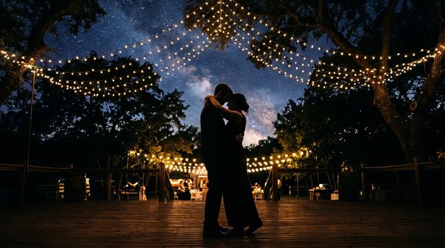 Romantic couple embracing under string lights and starry night sky