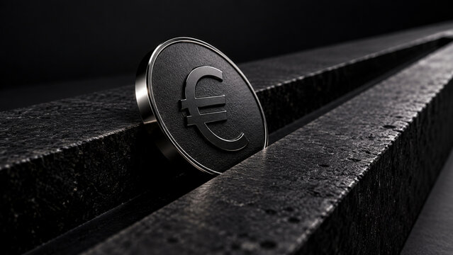 Monochrome euro sign displayed on dark textured stone, created for money, currency exchange, economic risk and financial technology themes.