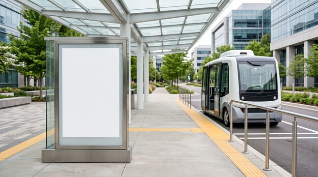 Blank Vertical Billboard at a Modern Bus Stop with an Autonomous Electric Shuttl