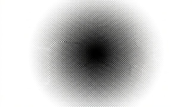 Monochromatic radial halftone dot pattern with a striking gradient effect, showcasing dense black dots at the center that gradually thin out into a pristine white background, perfect for modern graphi