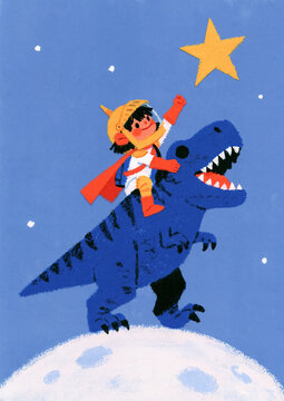 Dinosaur Space Adventure - Child Riding T-Rex on the Moon - A cheerful child rides a blue dinosaur beneath a golden star, ideal for kids posters, storybooks, cards, and playful space artwork