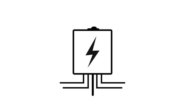 Electrical breaker box with power cables and lightning bolt symbol line art icon.
