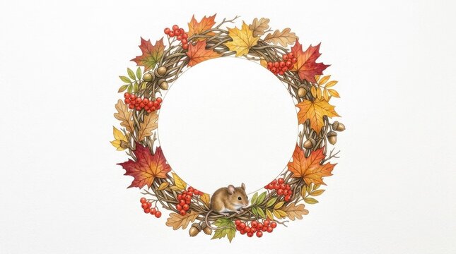 Cute field mouse nestled in a beautiful watercolor autumn wreath illustration, composed of colorful fall leaves, red berries, and acorns, creating a natural circular frame on a clean white background.