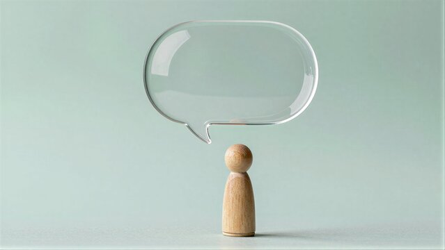 Wooden figure with empty glass speech bubble above, symbolizing silent communication.