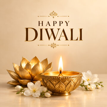 Happy diwali greeting card mockup with glowing golden diya, lotus flowers & elegant Indian arch