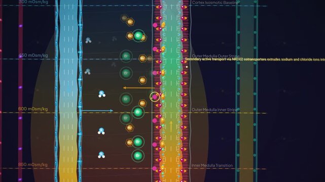 Animation of countercurrent multiplication in the loop of Henle showing osmolality gradients and the movement of water and ions across the renal medulla membranes in the kidney