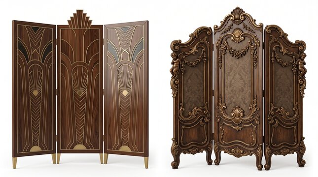Vintage wooden folding room dividers. Art Deco screen with brass inlay. Baroque ornate carved panel screen. Classic furniture for luxury interior design. Studio lighting on white background