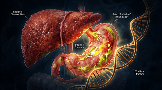 Detailed medical illustration of the human liver with surrounding anatomy