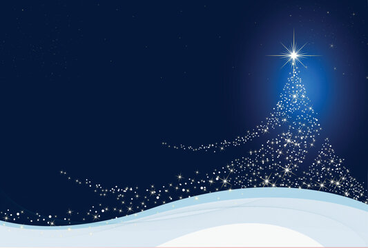 Christmas tree silhouette made of glowing stars and sparkles on a dark blue background with copy space