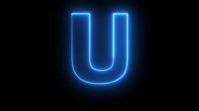 Neon English Capital Letter U text icon animation glowing blue color alphabet seamless smooth footage writing letter word sign symbol on black background