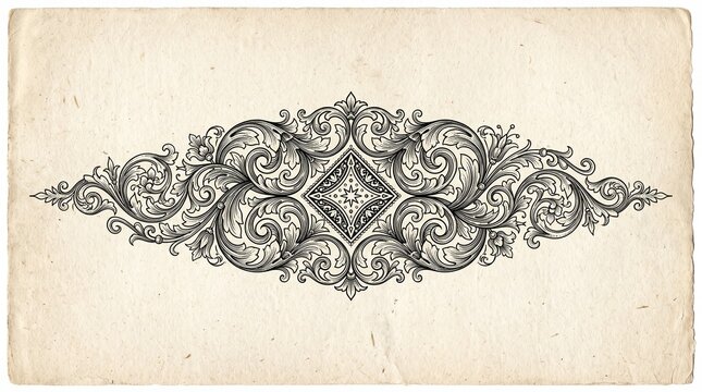 Vintage ornament graphic. Intricate black ink filigree scrollwork and diamond shape center. Aged yellow paper background. Antique typography embellishment for historical stationery design