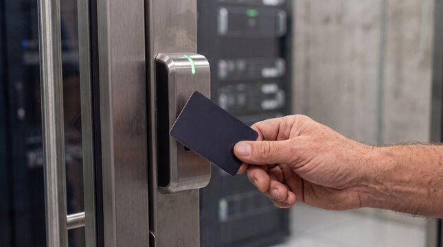 Access Granted: A hand inserts an access card into a security reader at a modern server room door, symbolizing secure entry and data protection.