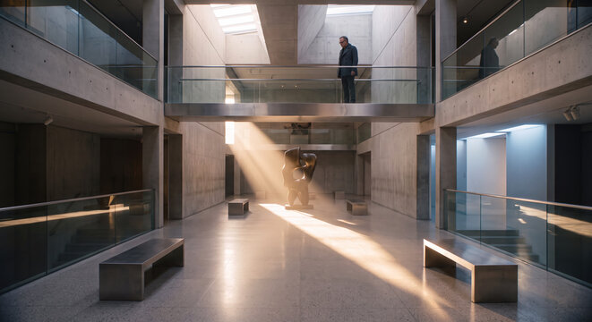 A monumental Brutalist art museum atrium featuring a central abstract bronze sculpture with a lone observer on a glass-railed bridge amidst exposed concrete and polished terrazzo floors.