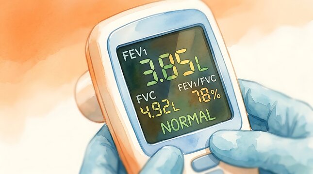 Person holding digital spirometer displaying normal lung function results