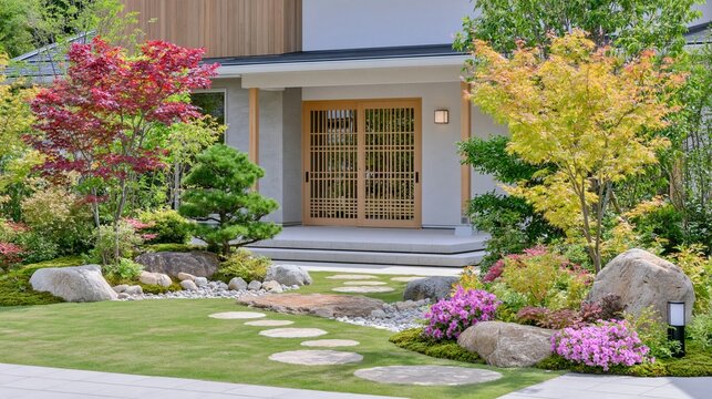 芝生と飛び石の庭に紅葉の木々や花を配した平屋住宅の玄関。住宅外構の施工事例サイトや造園カタログ向け庭園景観素材