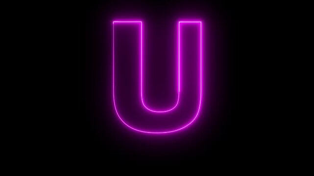 Neon English Capital Letter U text icon animation glowing pink color alphabet seamless smooth footage writing letter word sign symbol on black background