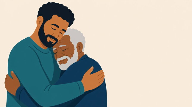 Young man hugging senior man with love and care