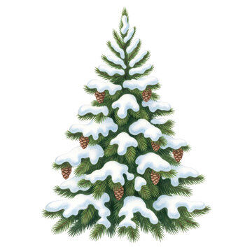 Green christmas tree covered in white snow with brown pine cones on branches