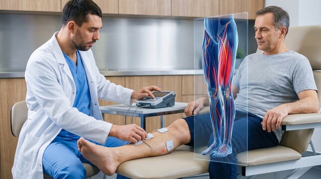 Doctor applying an electronic muscle stimulation device to a patient&rsquo;s leg with clear 3D muscle visualization for rehabilitation therapy