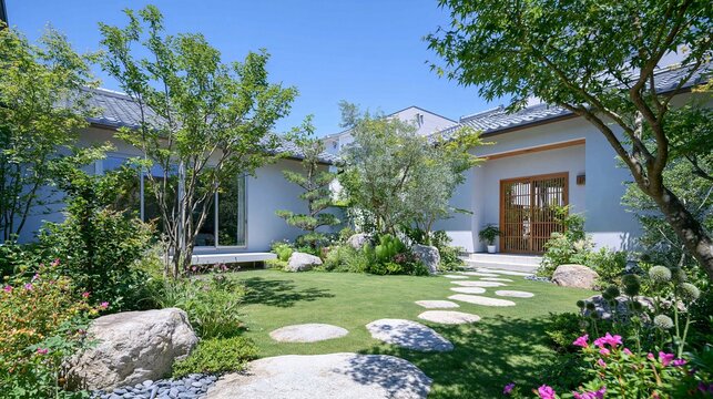 芝生と飛び石の庭に面する白壁の平屋住宅と緑の植栽。住宅外構の施工事例サイトや造園カタログ向け庭園景観素材
