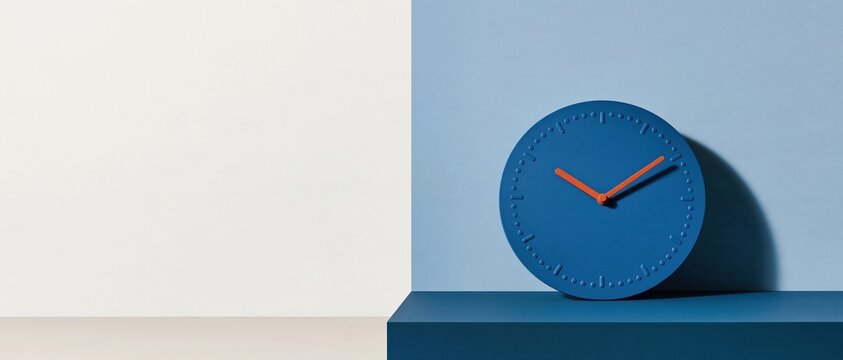 Daylight saving time ends concept with a blue wall clock on a matching surface, featuring a single amber hand and ample copy space