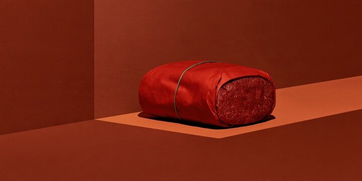 Ground beef parcel wrapped in brown paper, a monochromatic and minimalist composition with copy space for product recall and food safety themes