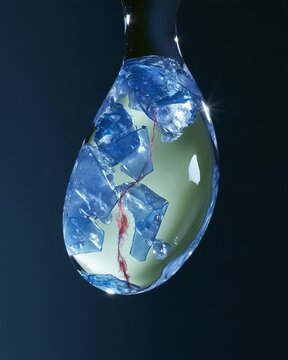 Falling water drop containing microscopic plastic fragments and a red fiber, clear liquid with surface tension for medical and biology explainers
