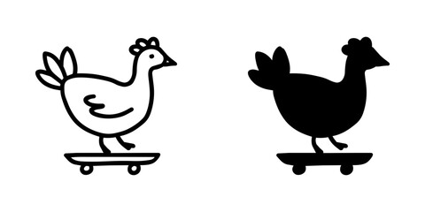 Fototapeta premium Chicken On Skateboard Hand Drawn Line And Solid Icon Set. Playful Animal Skateboarding Theme In Outline And Silhouette Variations. Sticker And Mascot Design. Isolated Vector Illustration