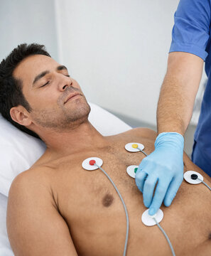 Adult man lies on a hospital bed while a healthcare worker places ECG electrodes on his bare chest for a heart examination.