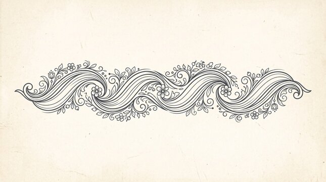 Floral wave decorative scroll vector illustration. Ornate curly lines with small flowers and leaves. Vintage ink drawing style horizontal border element for stationery and greeting cards