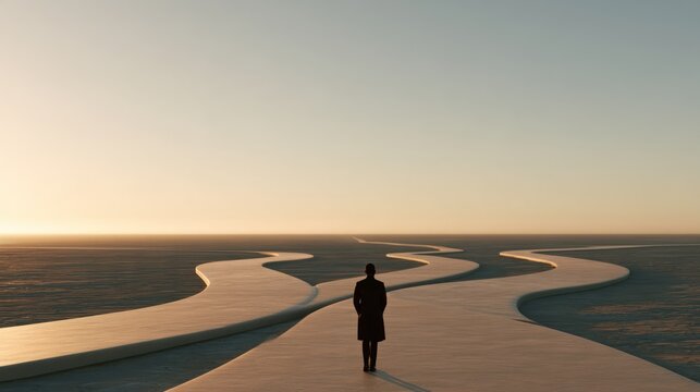 Crossroads of Life: A lone figure stands at the confluence of multiple paths, silhouetted against a serene, golden-hued sky, contemplating the choices and directions ahead.