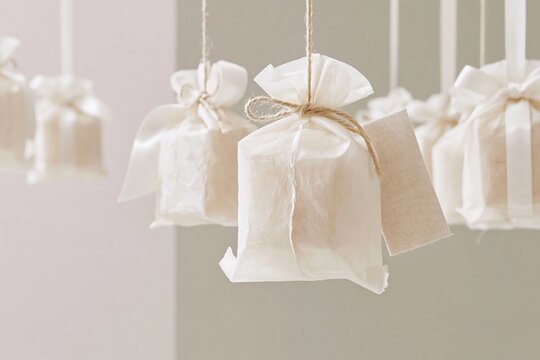 Christmas advent calendar parcel with a translucent paper wrap and blank linen tag, glowing softly for packaging design and branding templates