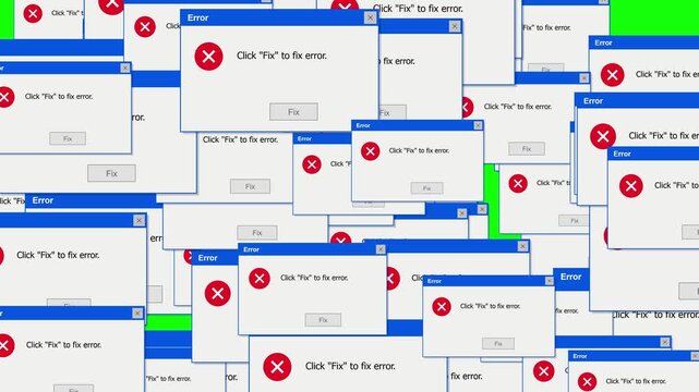Computer error message pop up windows cluttering screen during software failure and virus attack