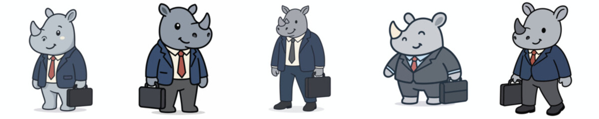 A set of cute rhino vectors posed standing and ready for office work, carrying a briefcase. © Jefri Syahputra BKL
