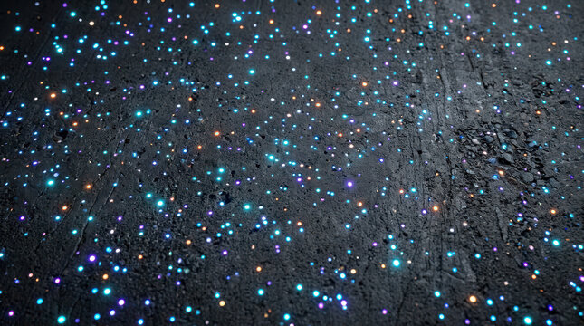 Luminous fiber optic points on dark textured stone, abstract cosmic background with neon sparkles, magical night surface. Black Friday Special