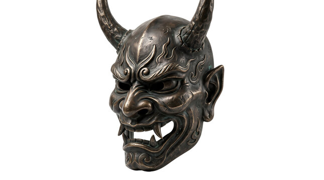 Intricate metal hannya demon mask with sharp horns and fierce expression serves as traditional japanese folklore ornament for home decor and tattoos.