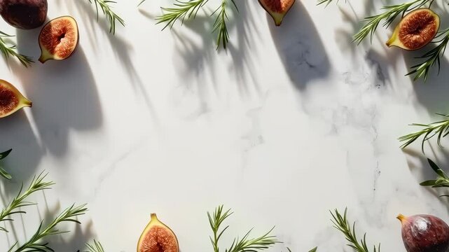 Fig Fruit Rosemary Branch Frame on White Marble Background with Text Space