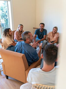 Support group therapy session with a diverse circle of adults, featuring a man speaking in a natural, supportive mood for mental health and wellness