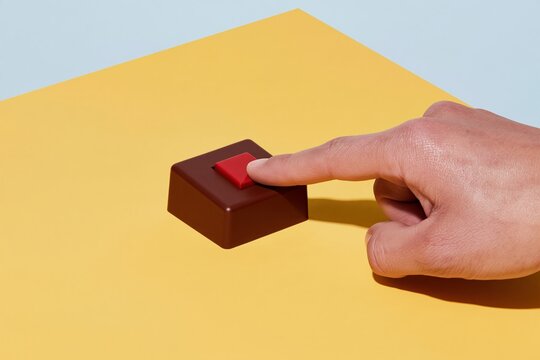Finger presses a red button on a brown base over a yellow surface, featuring clean lighting and smooth textures for progress and innovation